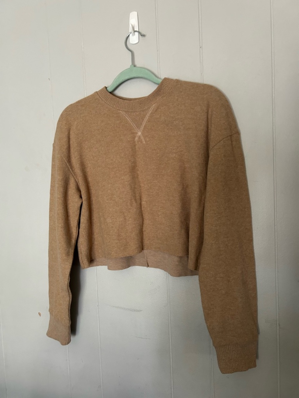 Zara Cropped Crewneck Sweater Tan Beige Soft Minimalist Size M